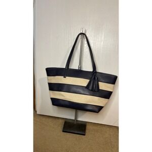 Amanda Blu Striped Tote Bag with Wristlet Navy Blue Cream Faux Leather Canvas